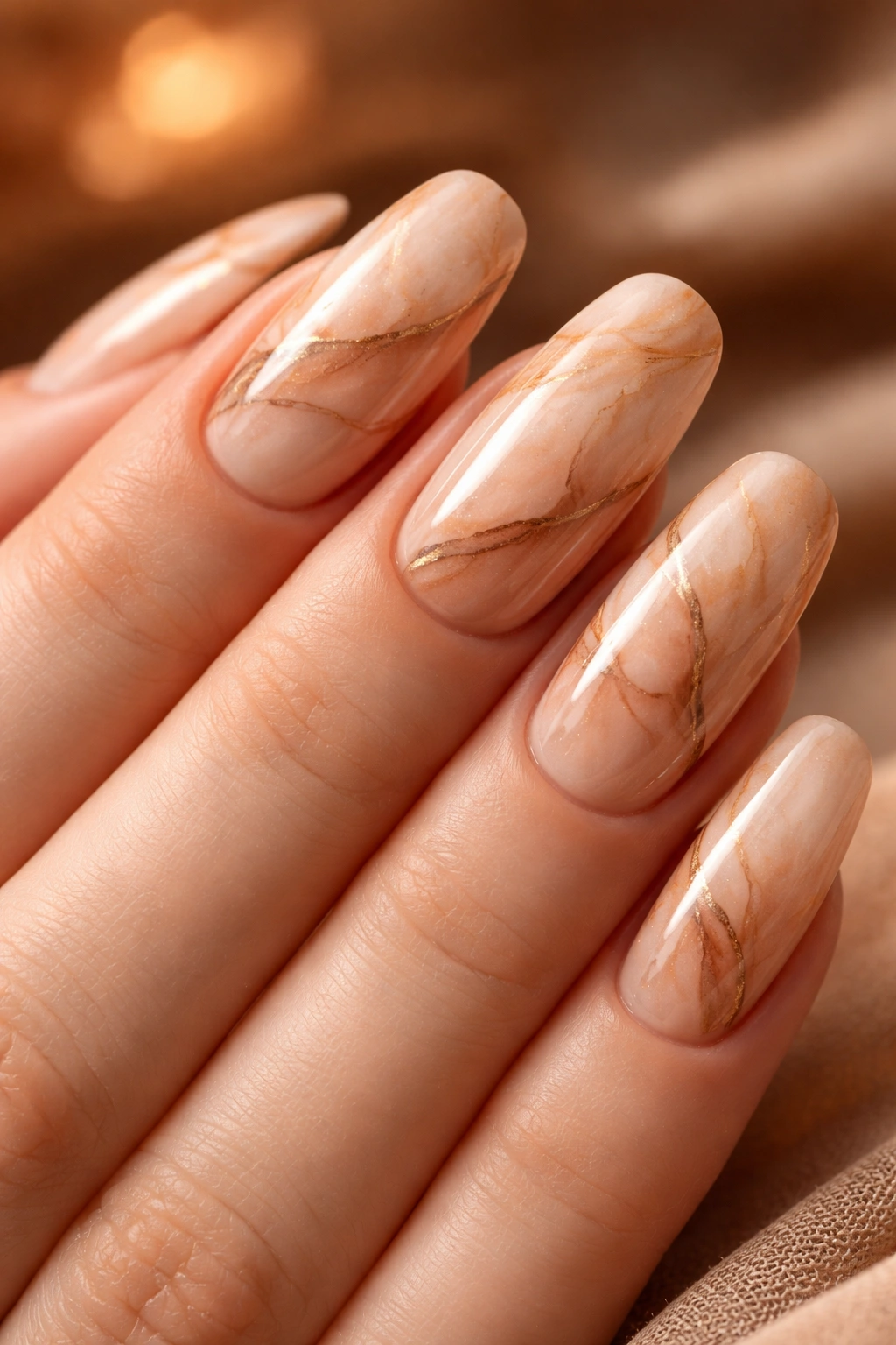 Soft peach and tan marble nails on long round shape with warm veining