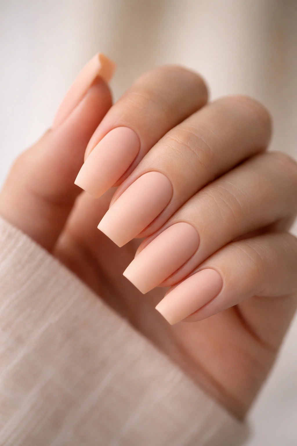 Close-up of medium coffin nails painted in soft peach with a matte finish