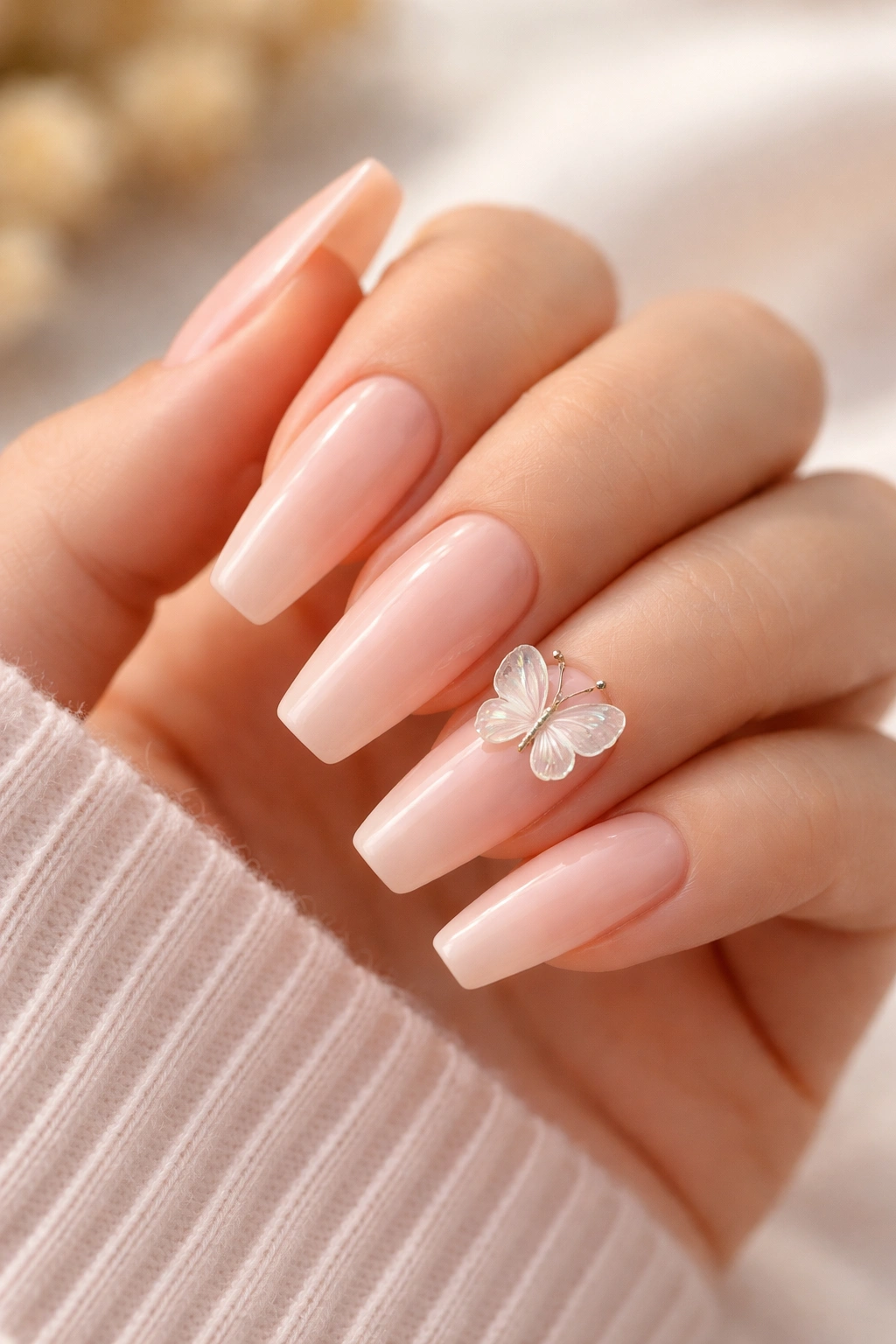 Soft peach nails with a single 3d butterfly charm on the ring finger