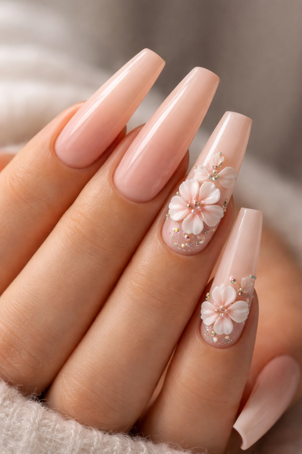 Soft peach coffin nails with small sculpted 3D flowers on select nails