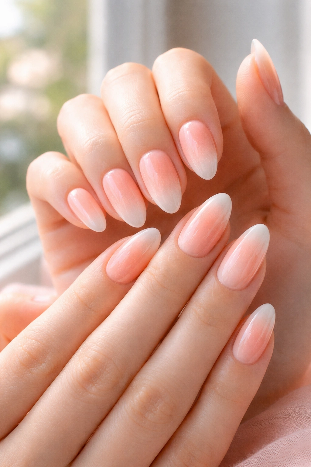 Close-up of soft peach aura nails with gradient from deep center to light edge