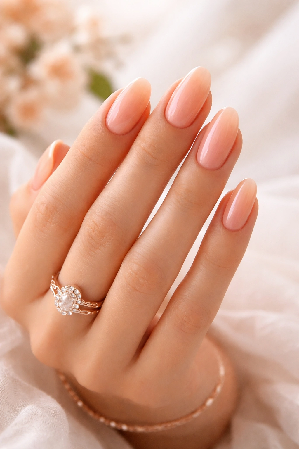 Close-up of soft peach nails on a hand with a light backdrop