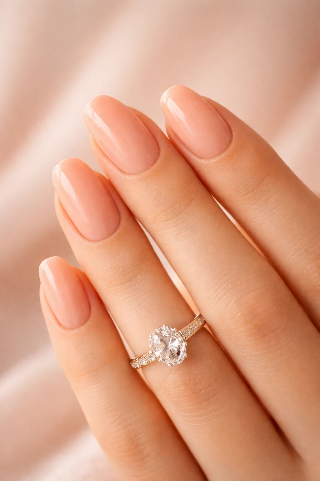 Close-up of soft peach nails with warm pink tones