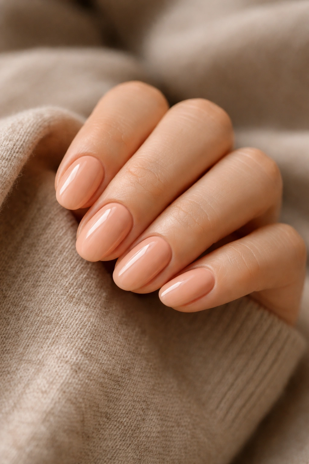 Close-up of soft peach oval nails on a neutral background