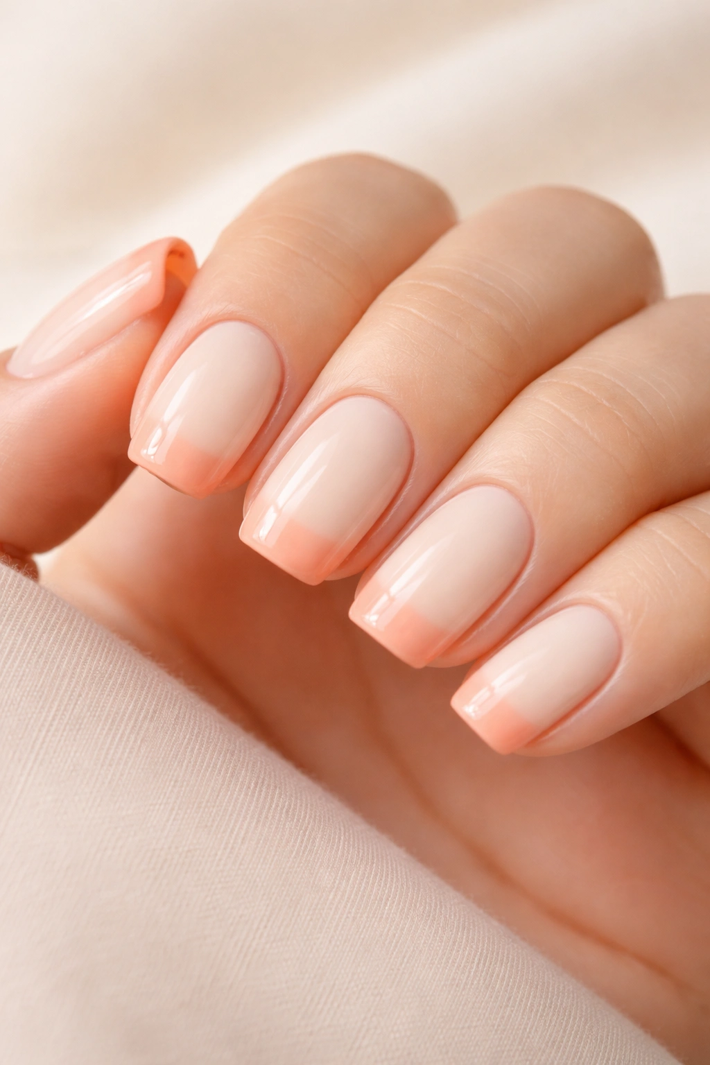 Close-up of soft peach French tips on vanilla base nails