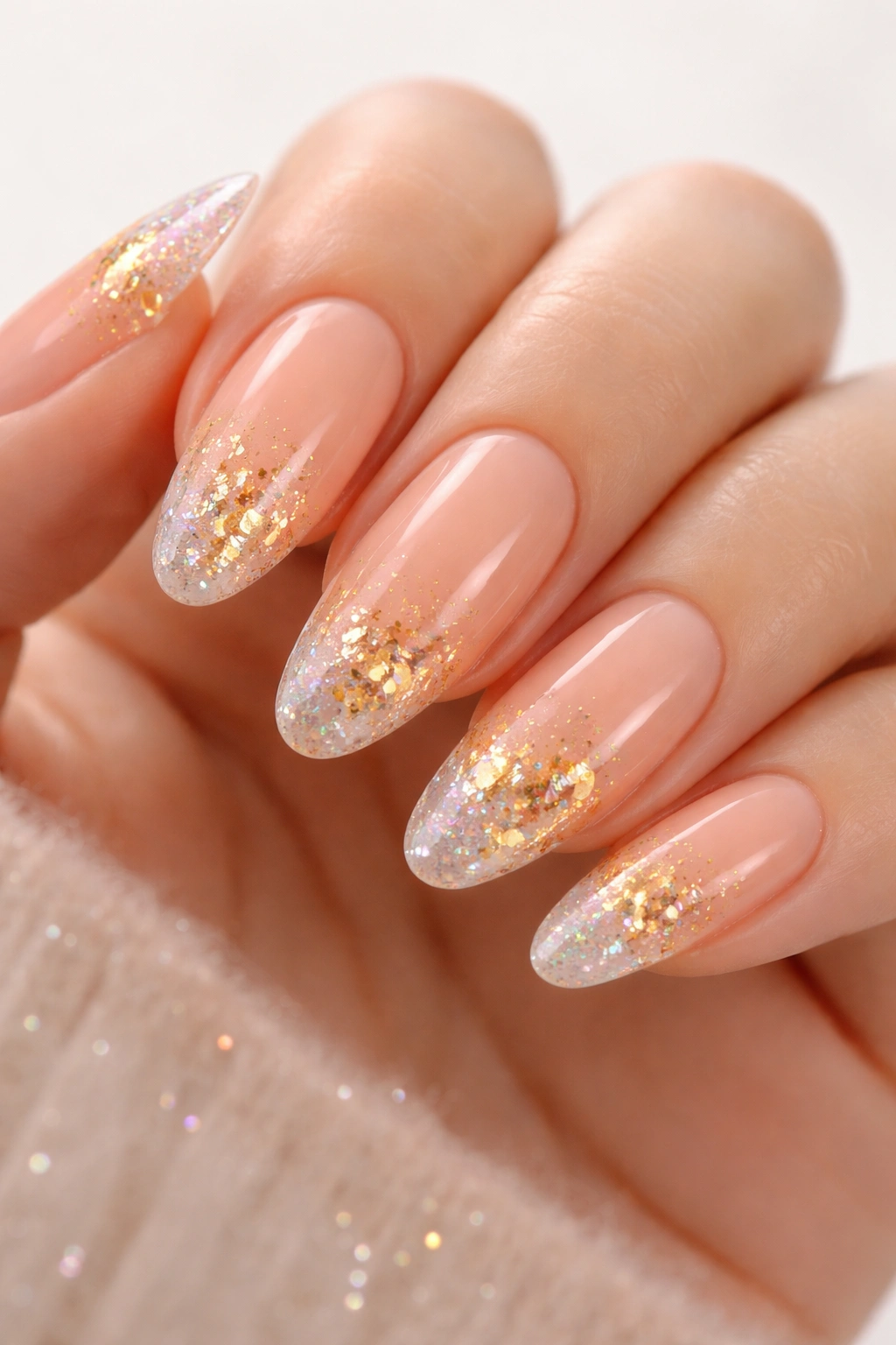 Soft peach nails with gold leaf encapsulation and holographic sparkle
