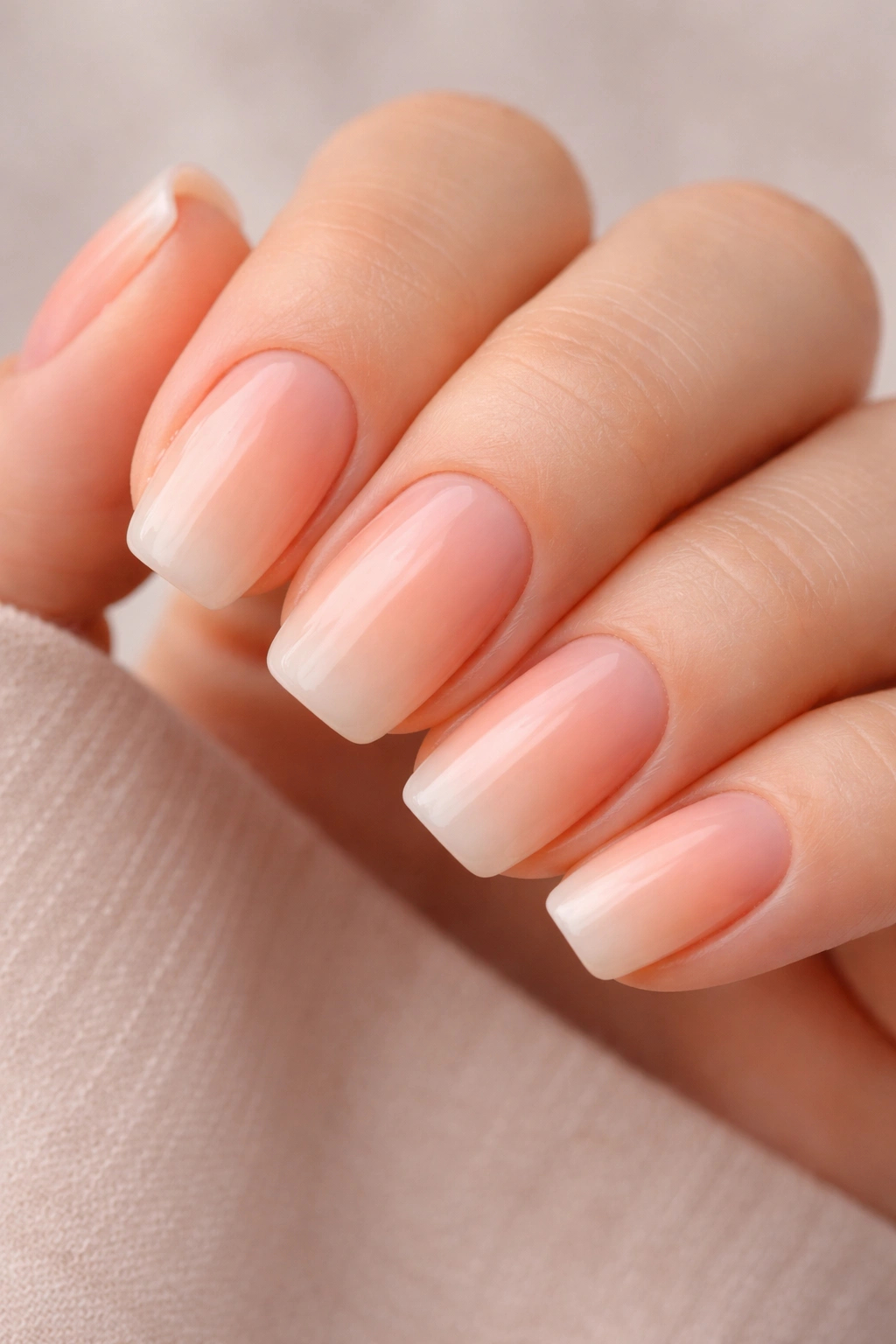 Close-up of soft peach to nude gradient on short squoval acrylic nails