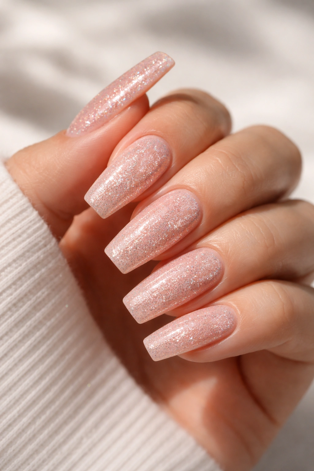 Close-up of soft peach coffin nails with microbead texture