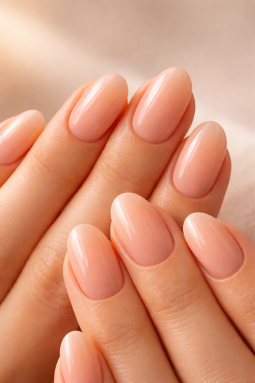 Close-up of soft peach short oval acrylic nails with warm glow