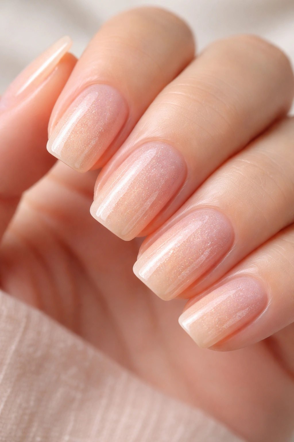 Soft peach squoval nails with translucent shimmer on a hand