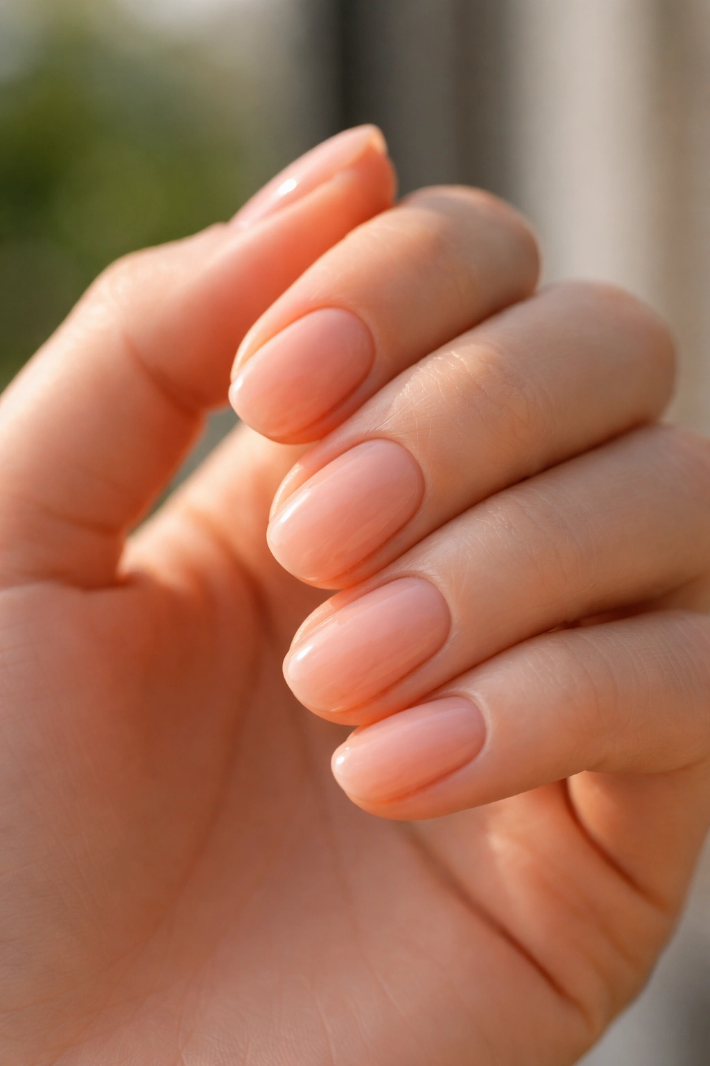 Close-up of short oval nails with soft peach tint on a hand