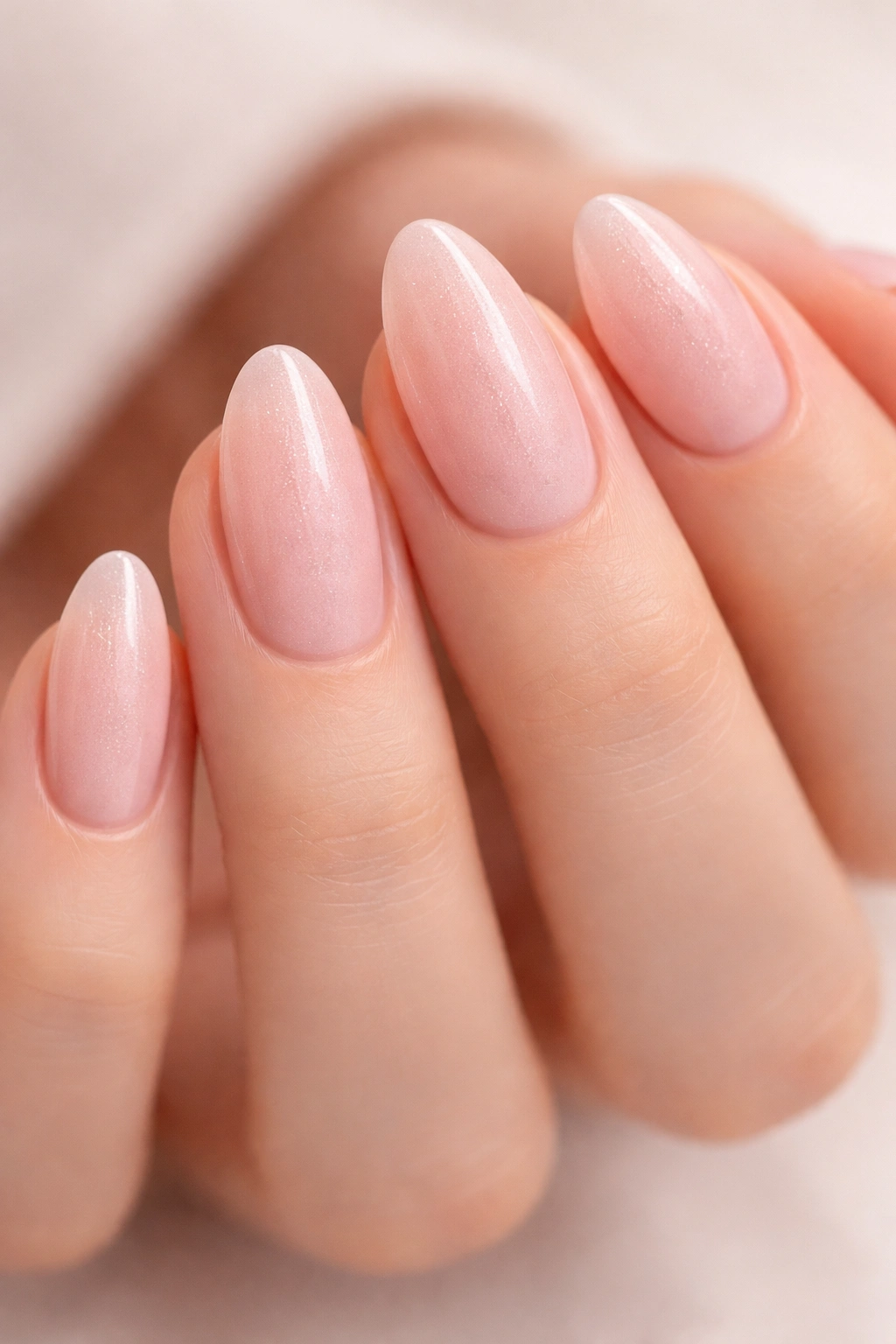 Close-up of soft pink almond nails with sheer shimmer on a neutral backdrop