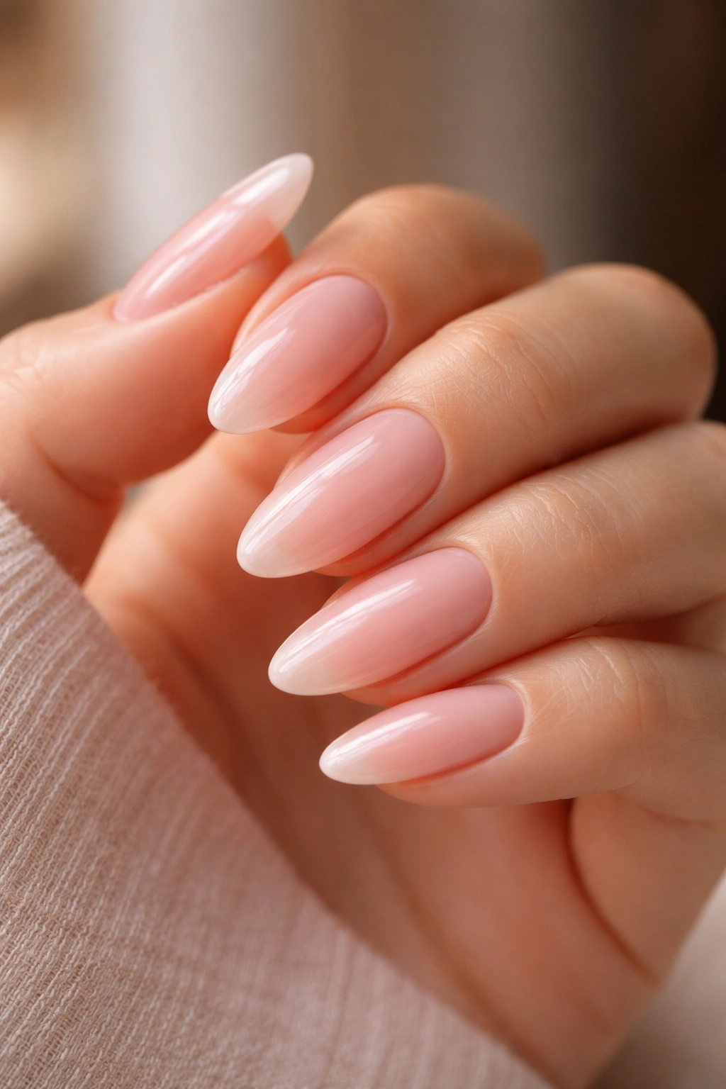 Soft pink almond nails with translucent finish
