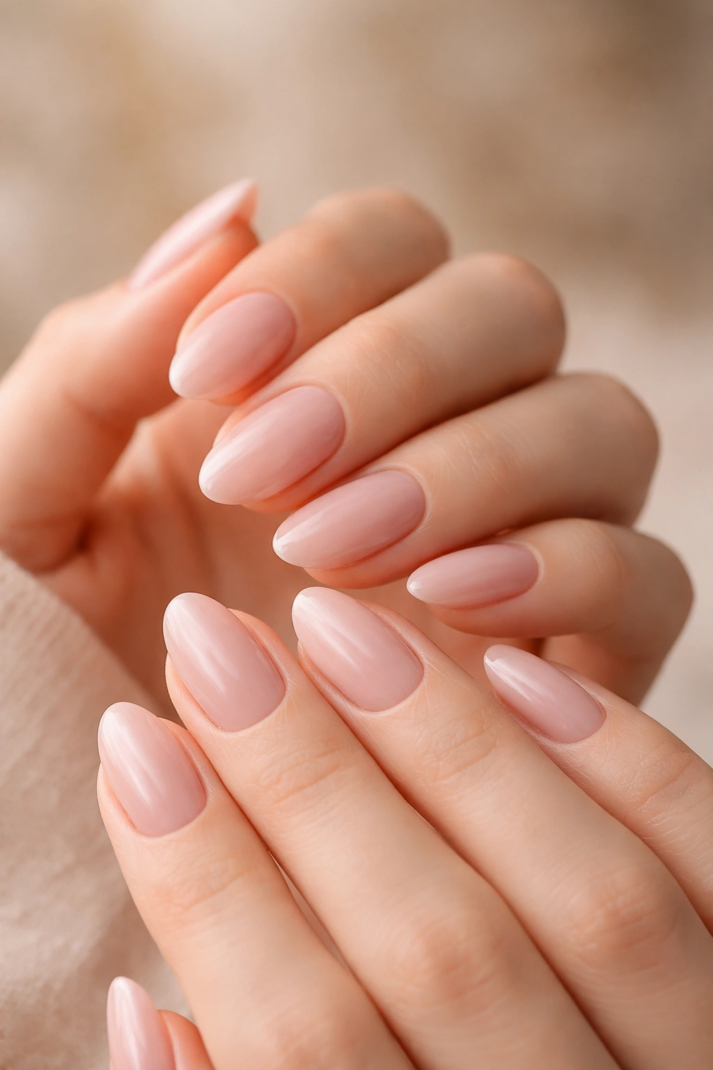 Hands showing soft pink almond manicure for reference