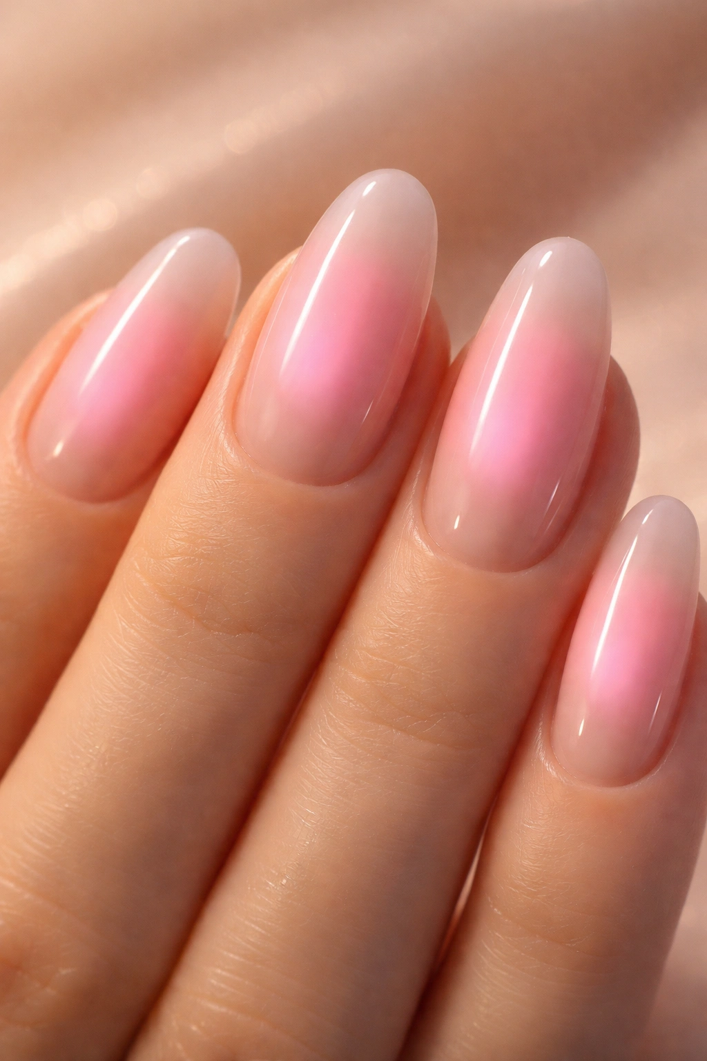 Soft pink aura nails with sheer nude base and pink center gradient, subtle glow