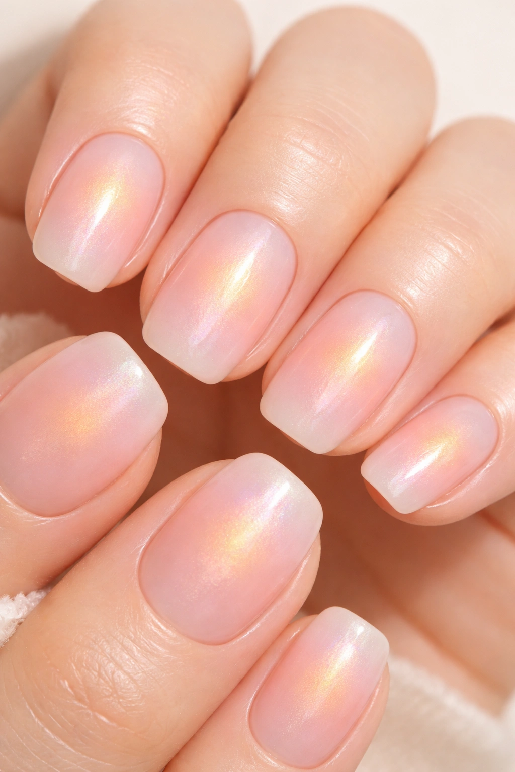 Close-up of short squoval nails with pale pink base and pearl shimmer aura