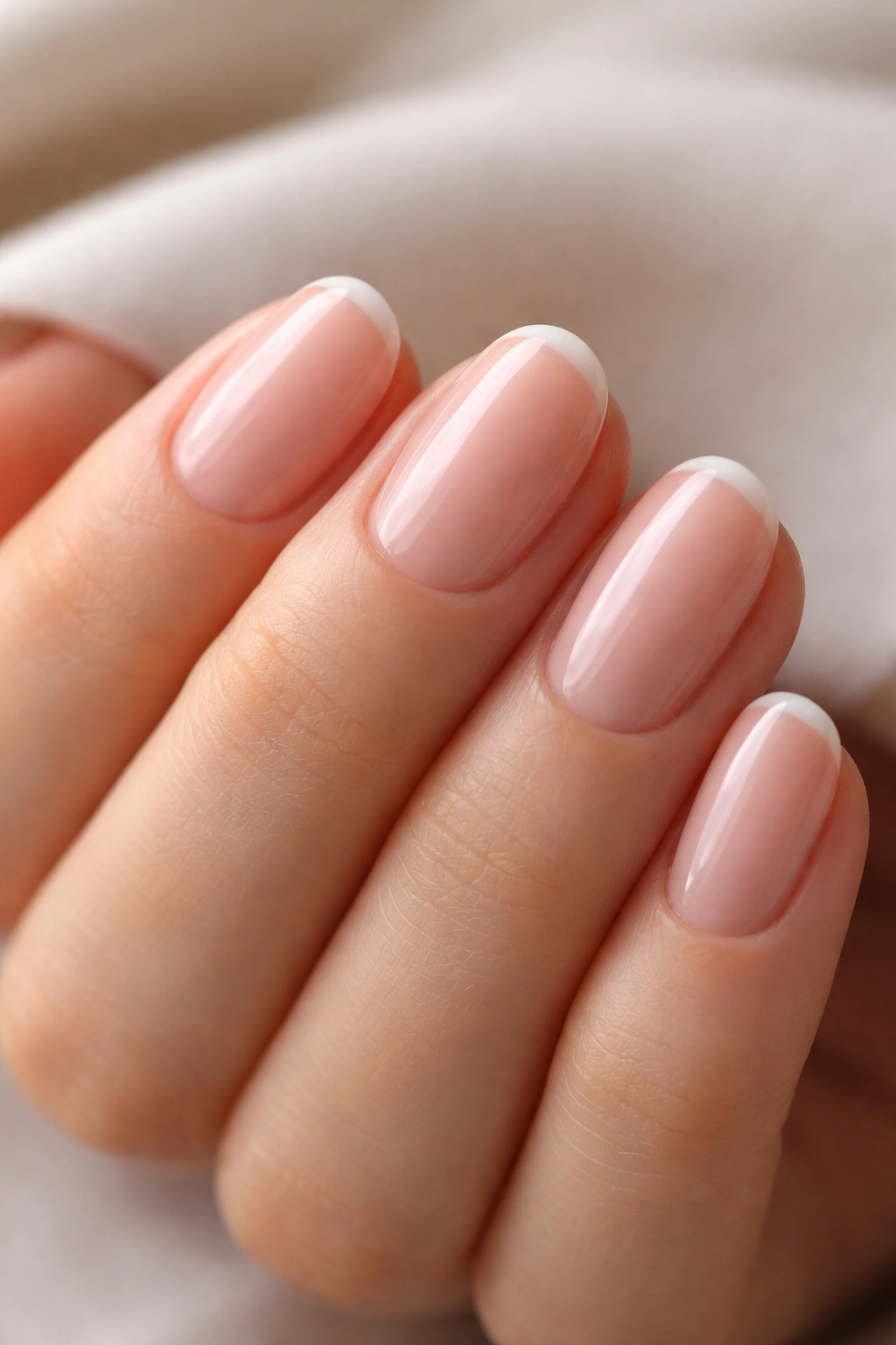 Close-up of short oval nails with a soft pink base and subtle tip contrast.
