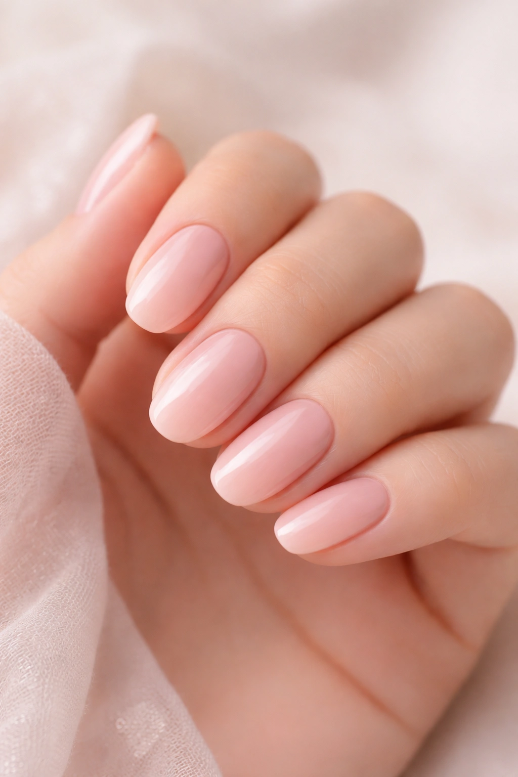 Close-up of nails in soft blush pink manicure