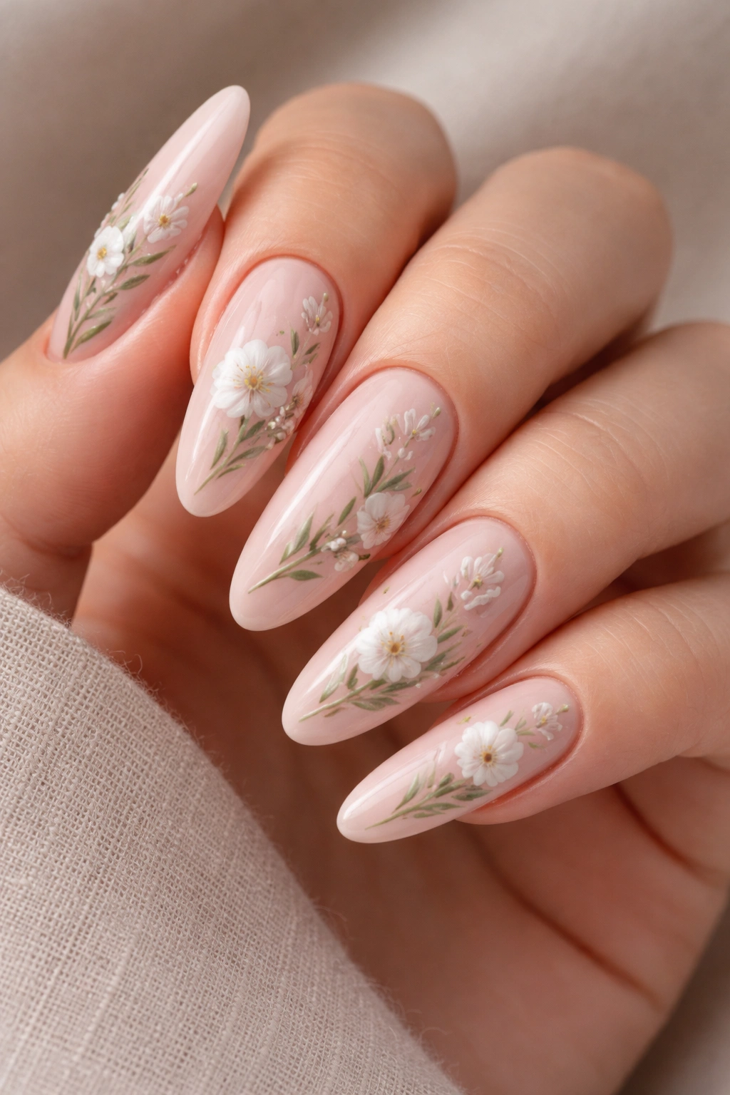 Close-up of soft pink nails with hand-painted botanical details