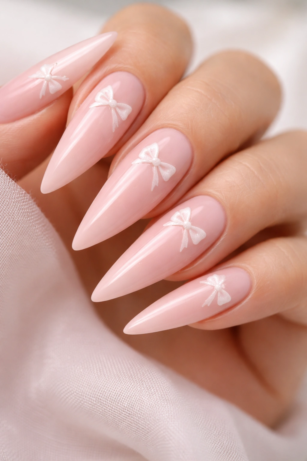 Close-up of soft pink stiletto nails with tiny white bows on several nails