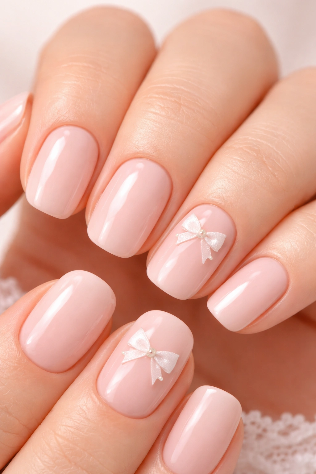 Close-up of short squoval nails with soft pink base and tiny white bow accents