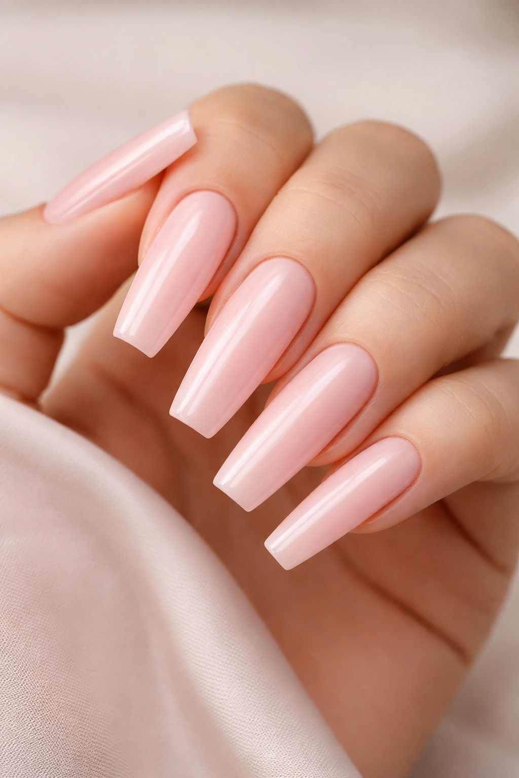 Close-up of long coffin nails in soft pink with glossy finish