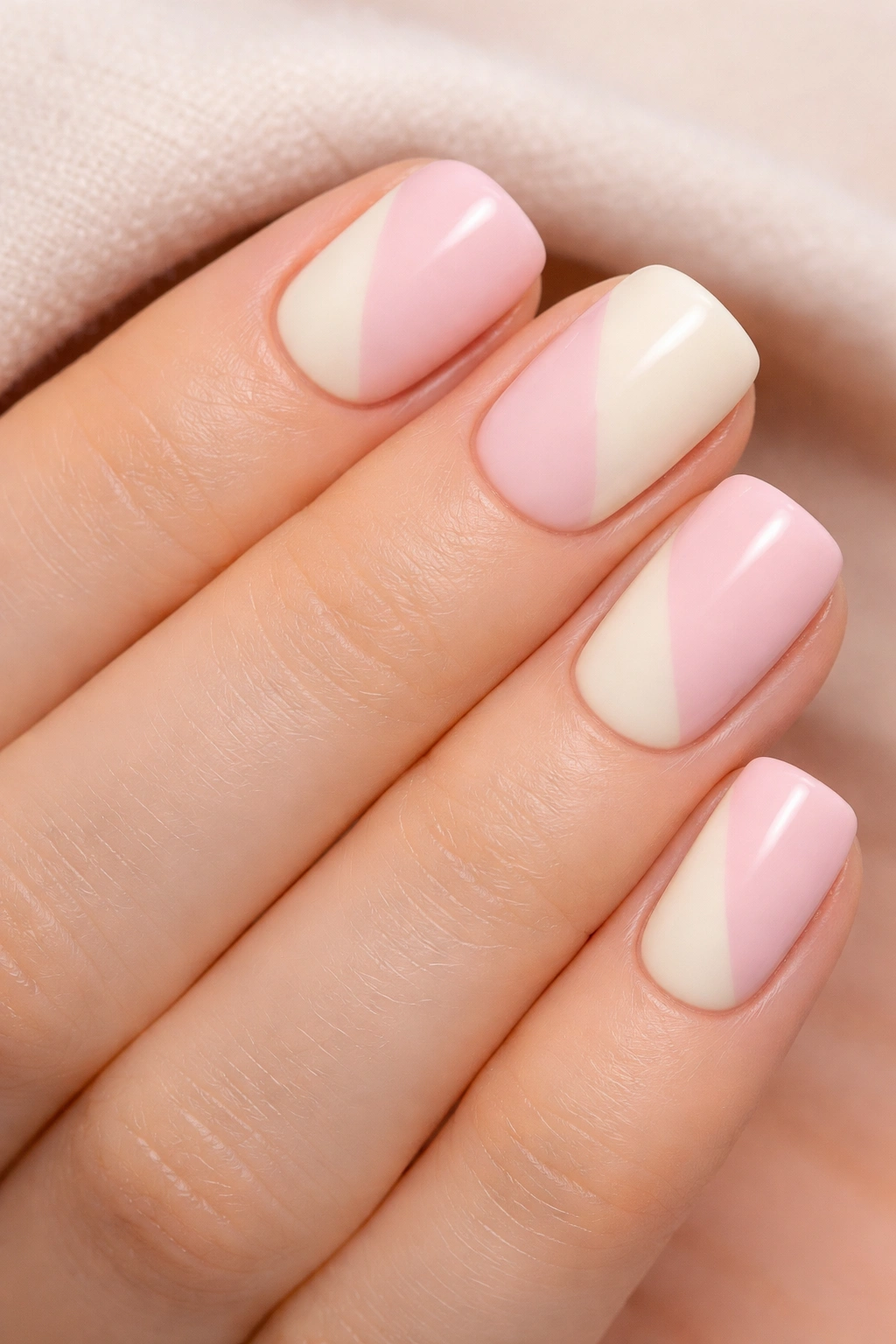 Close-up of two-tone nails in soft pink and cream on short square nails.