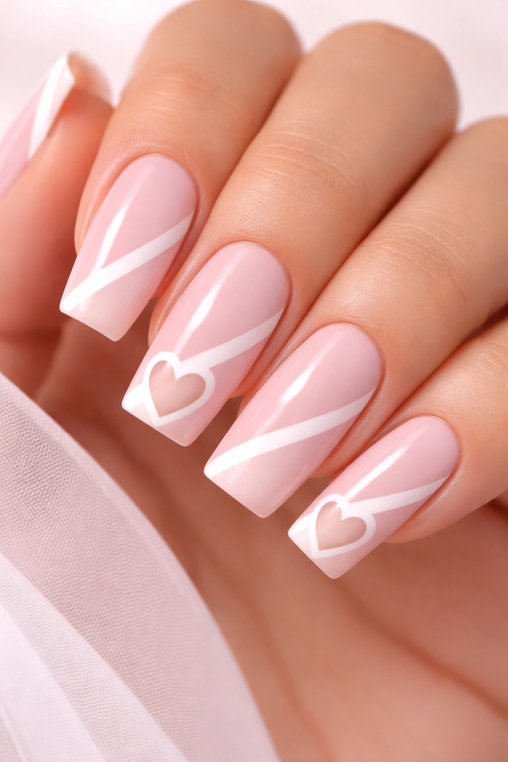Close-up of nails with soft pink base, white diagonal stripe, negative-space heart at the tip