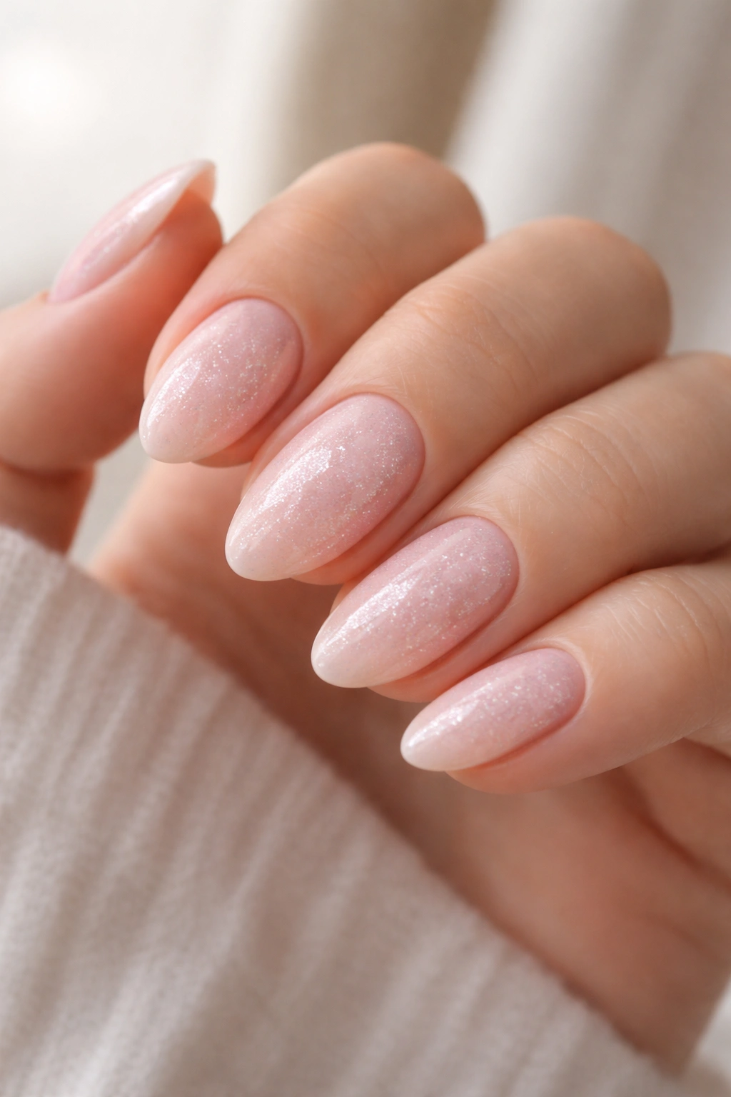 Close-up of soft pink dip nails with micro-glitter on short almonds