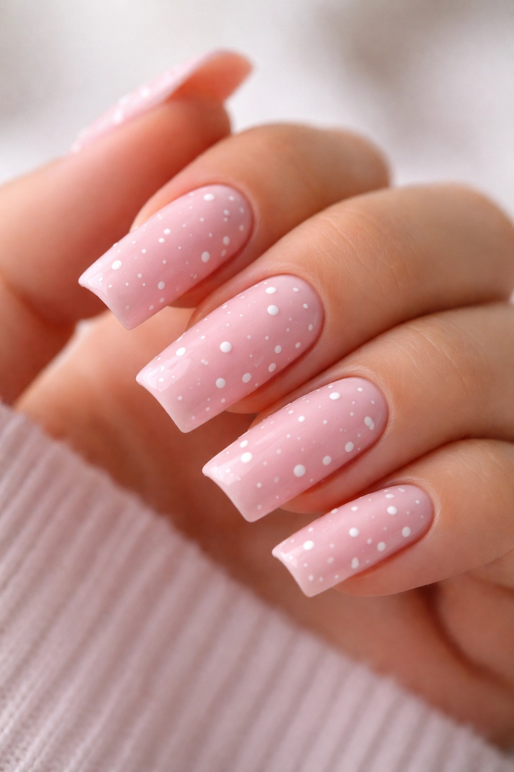 Soft pink medium duck nails with scattered white dots in a minimalist pattern