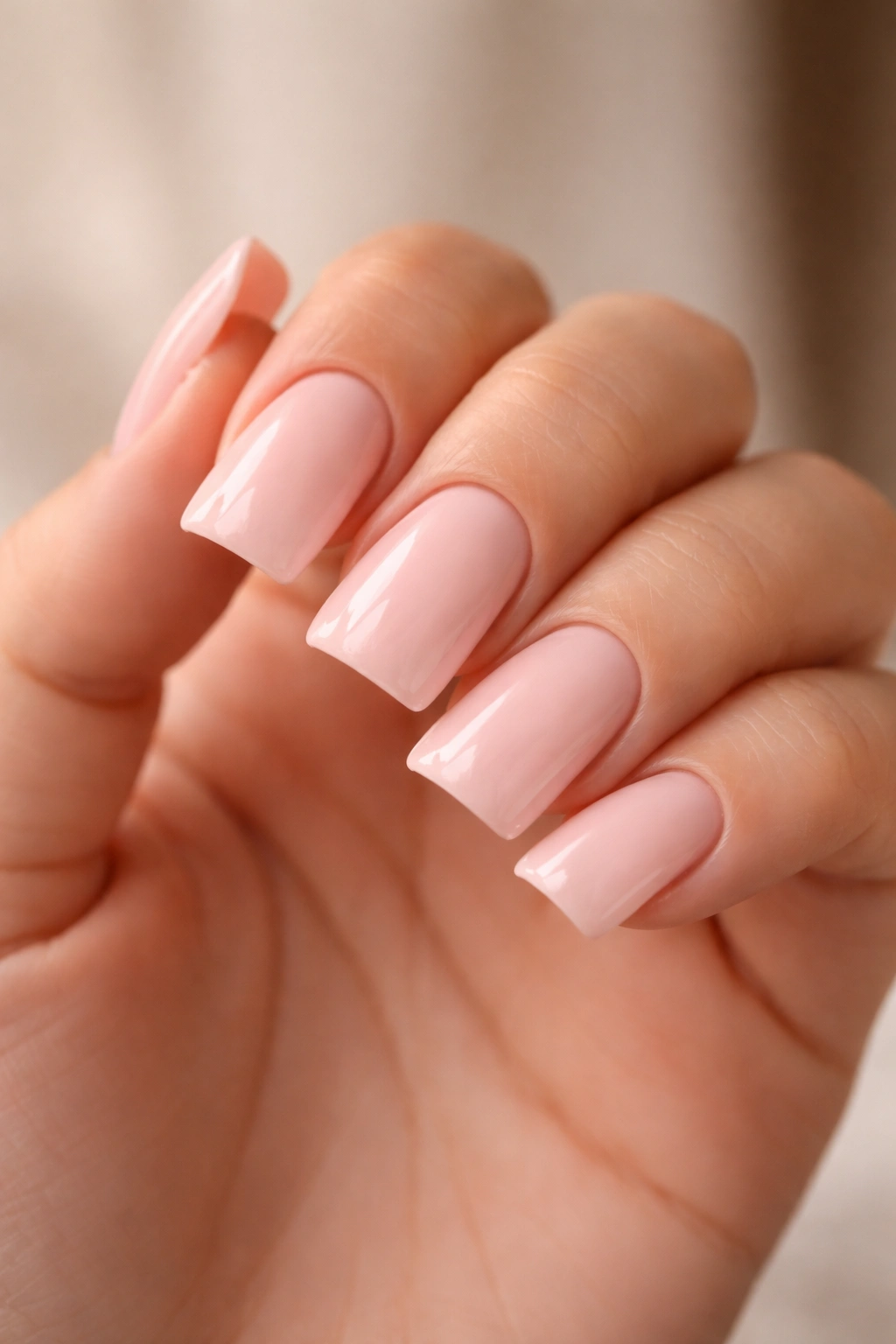 Close-up of soft pink duck nails on a bare hand against a neutral background