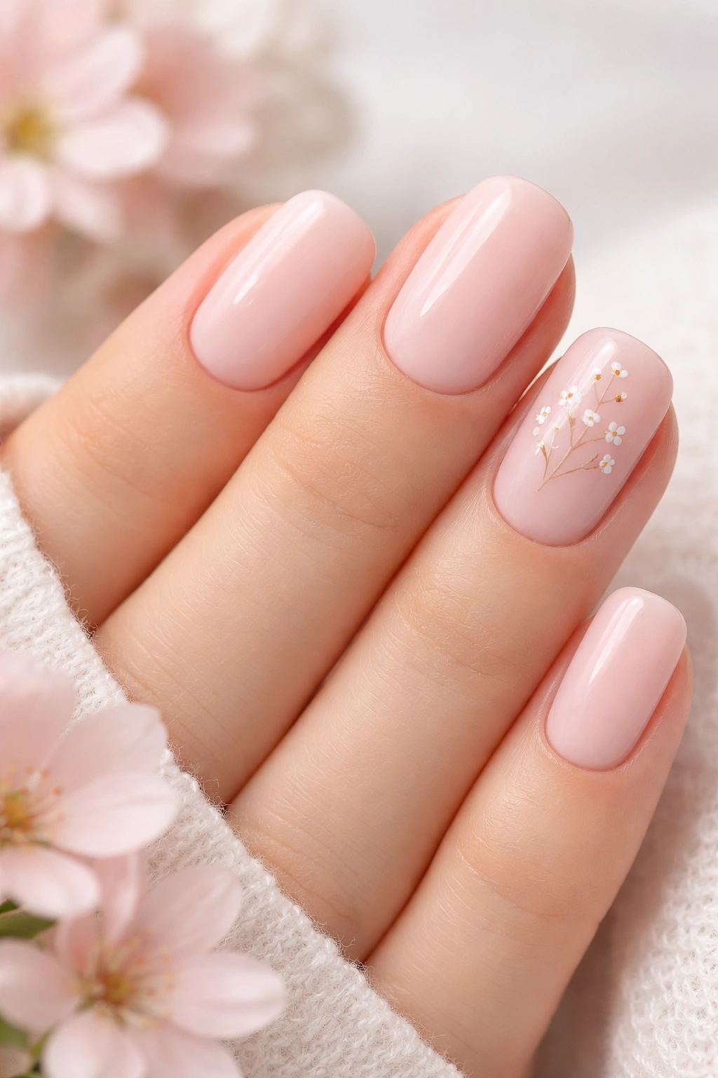 Soft pink nails with minimalist floral accents on accent nails