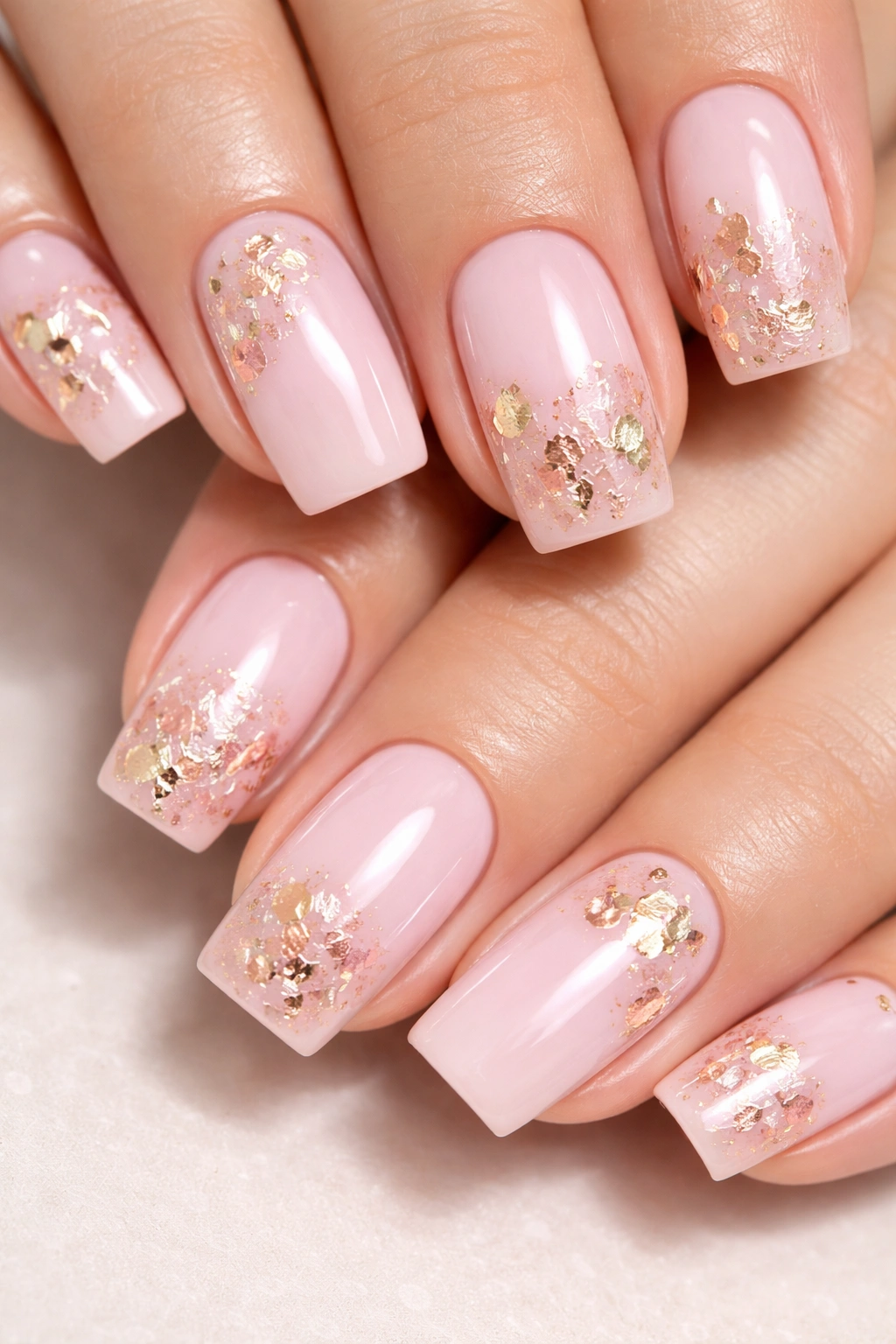 Close-up of soft pink square nails with gold foil accents