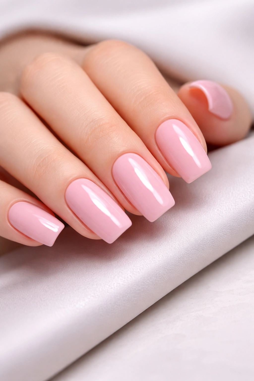 Close-up of soft pink gel manicure on square nails with a glossy surface