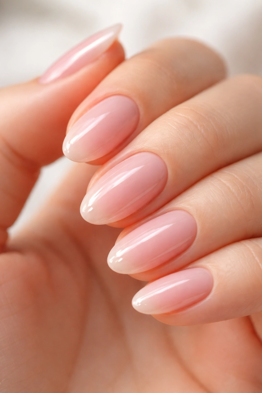 Close-up of a short almond nail with soft pink glaze on nude base