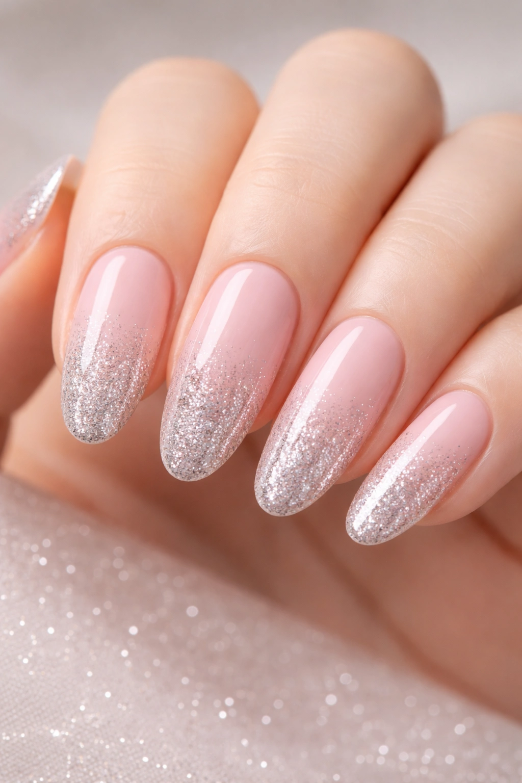 Close-up of long oval nails in soft pink with a silver glitter gradient