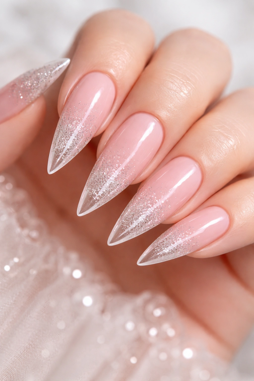 Close-up of soft pink stiletto nails with glitter fading to clear at the tips.