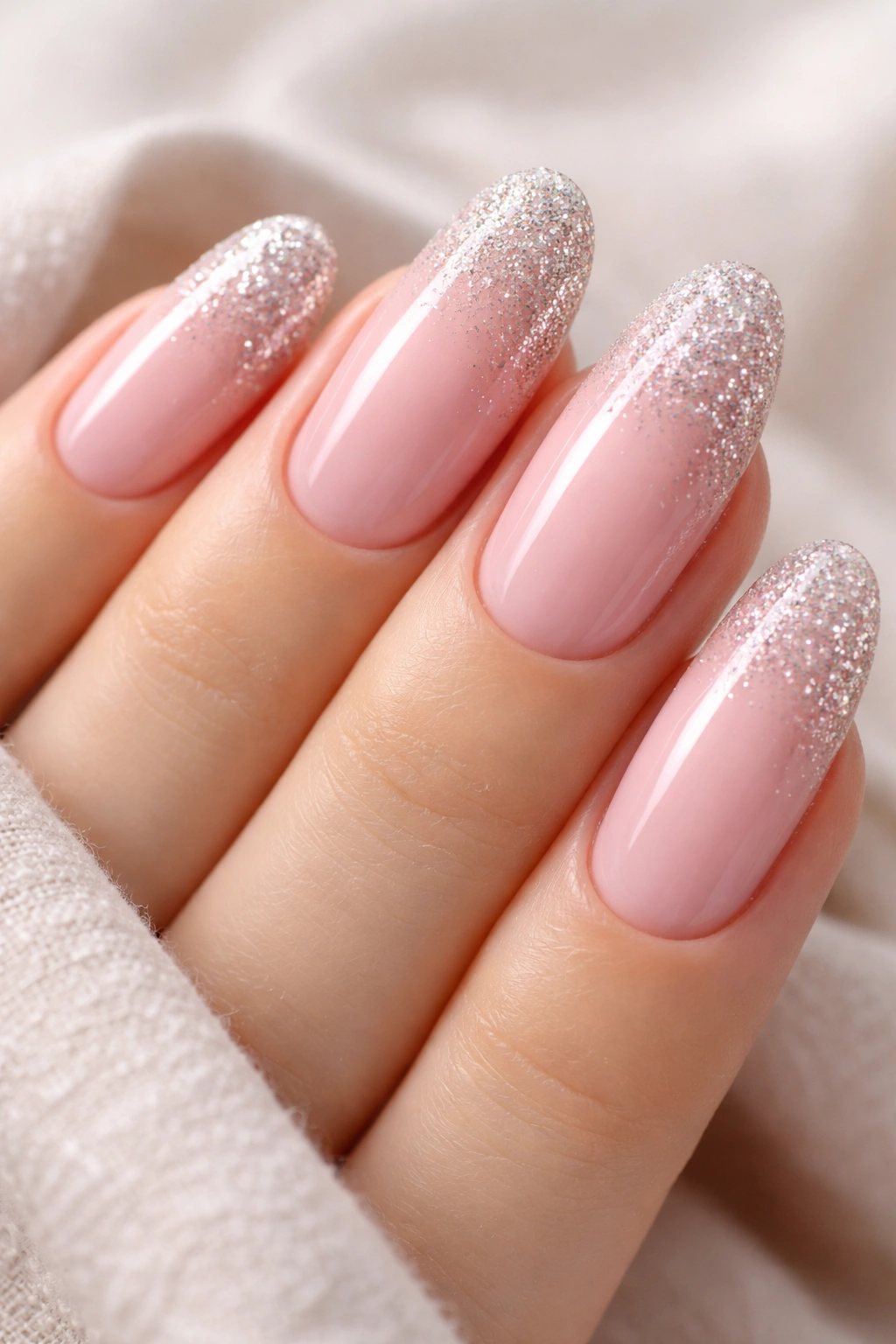 Close-up of long oval nails with soft pink base and glittery tips.