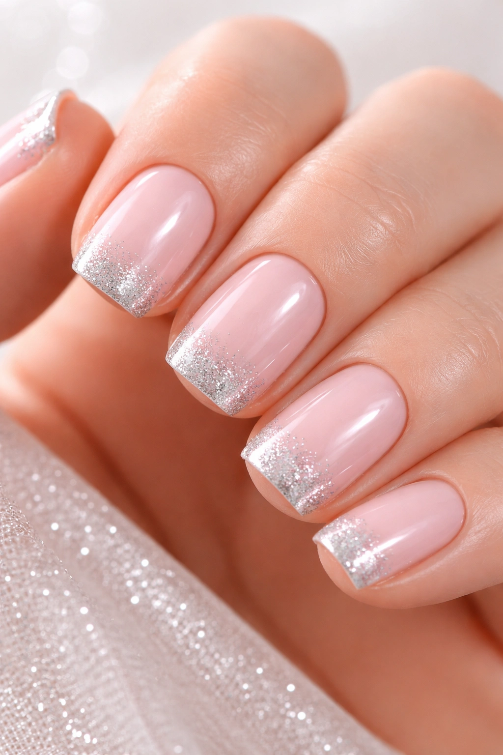 Short squoval nails with soft pink base and silver glitter tips