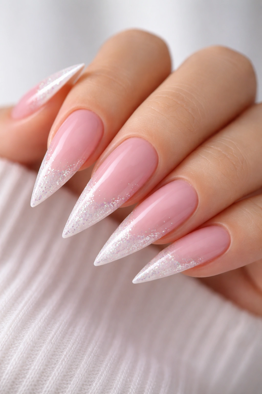 Stiletto nails with soft pink base and glittery white tips