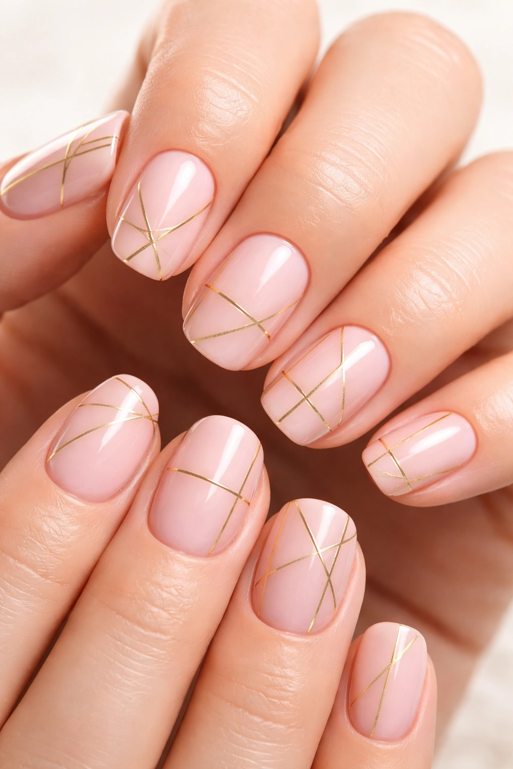 Soft pink nails with thin gold geometric lines