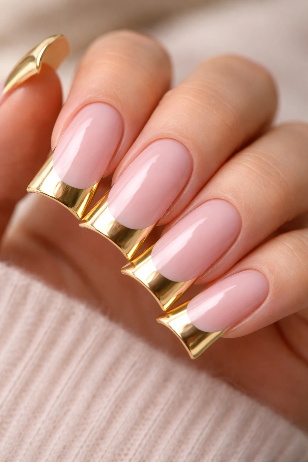 Duck nails with soft pink base and gold French tips on the curved edges
