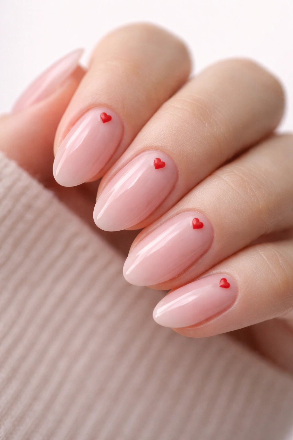 Close-up of short almond nails with sheer milky pink base and tiny red hearts near the cuticle.