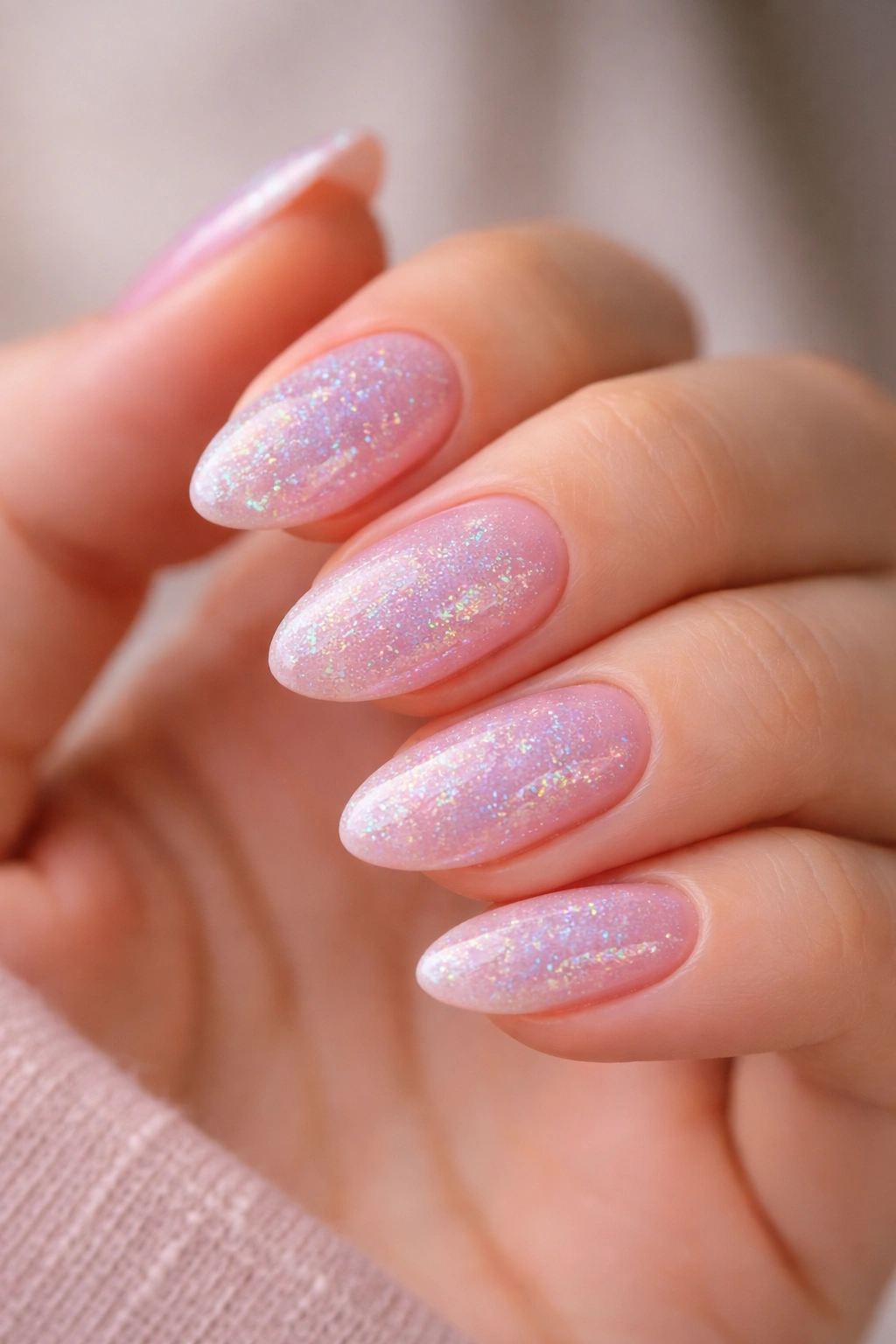 Close-up of soft pink nails with holographic glitter.