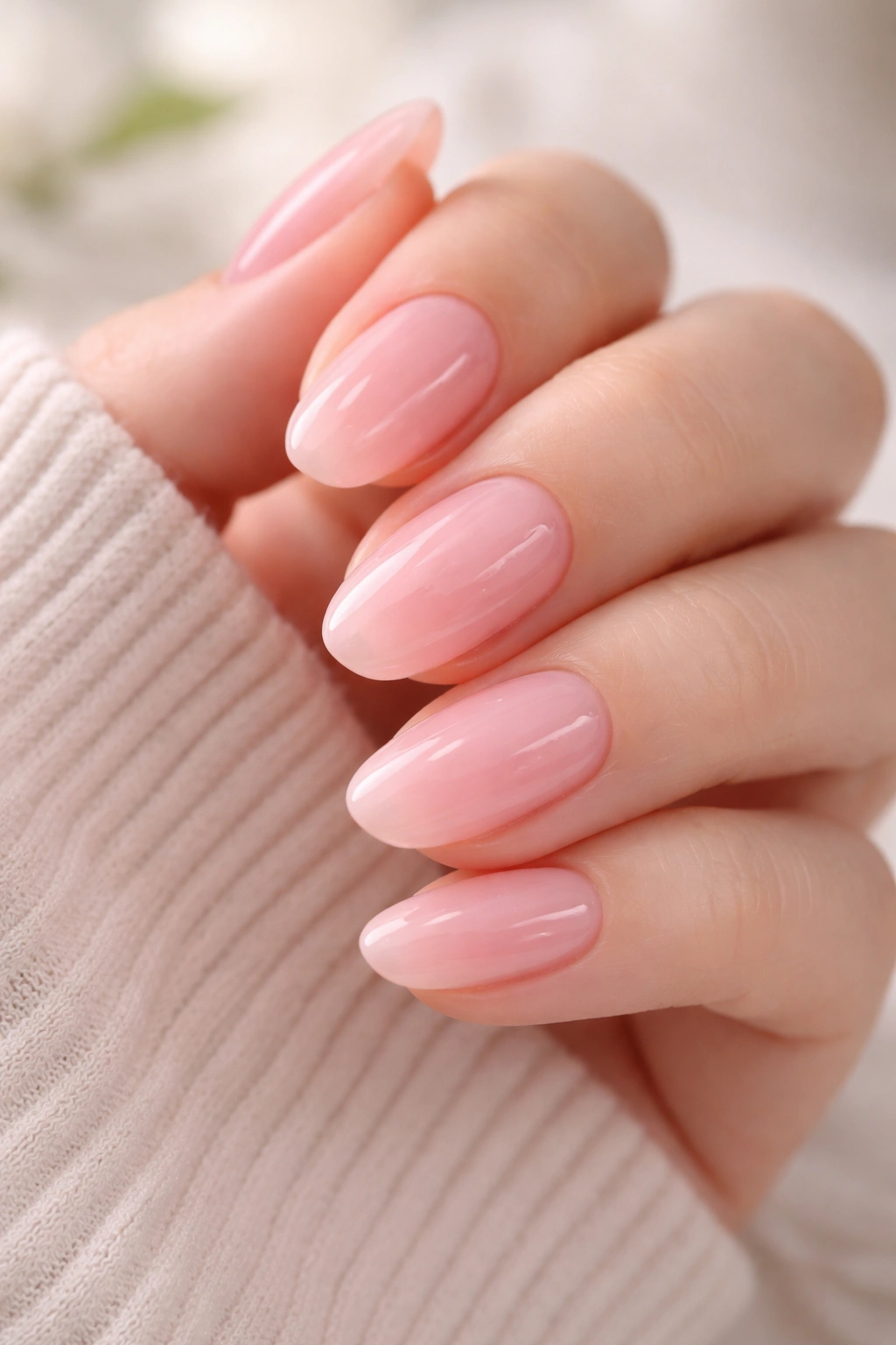 Close-up of translucent soft pink jelly almond nails