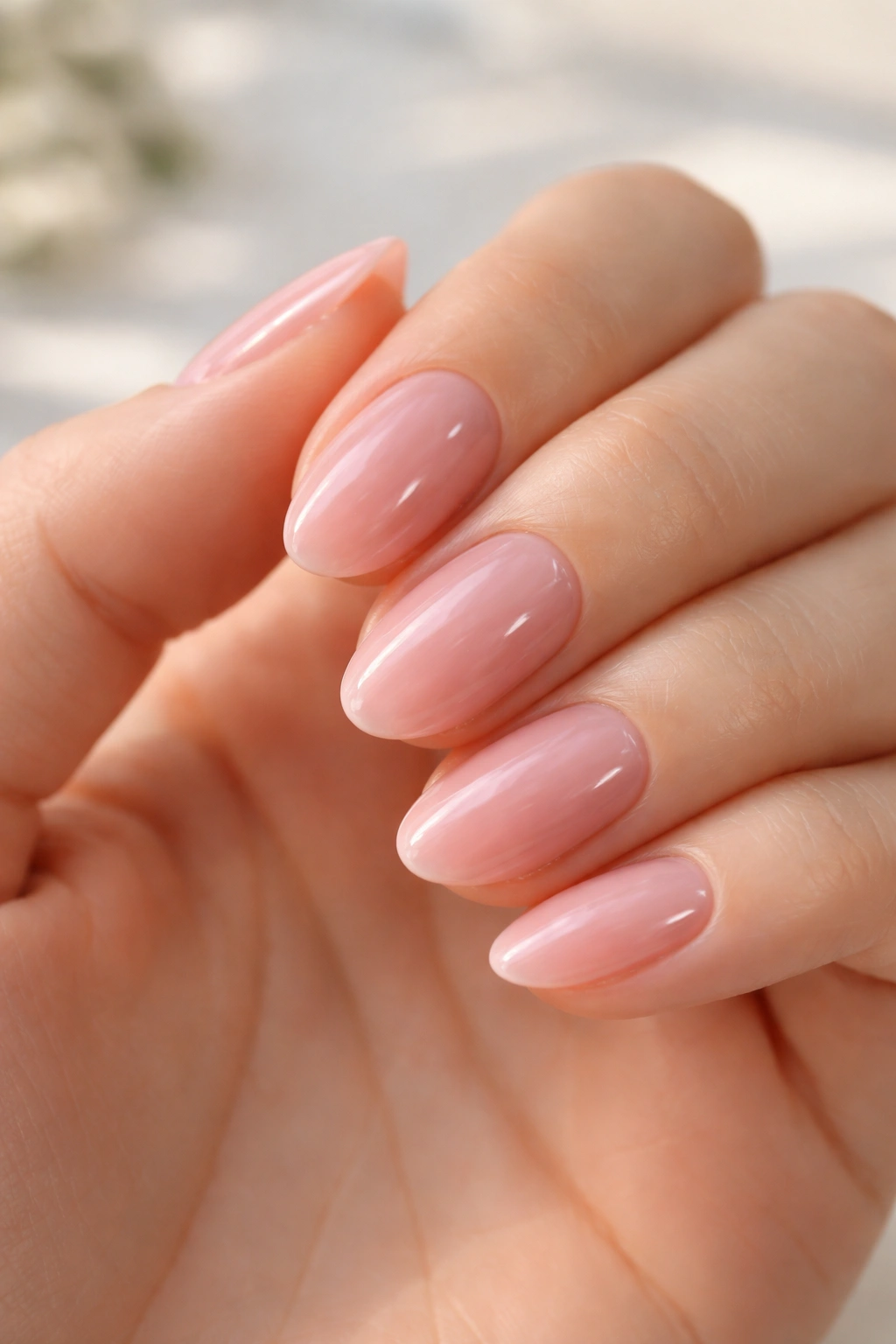 Close-up of soft pink jelly short almond nails with translucent gloss