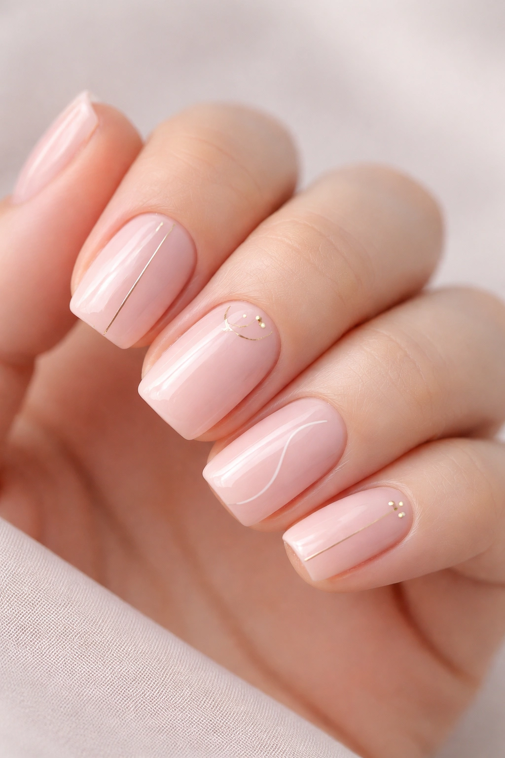Close-up of soft pink nails with minimalist line art designs.