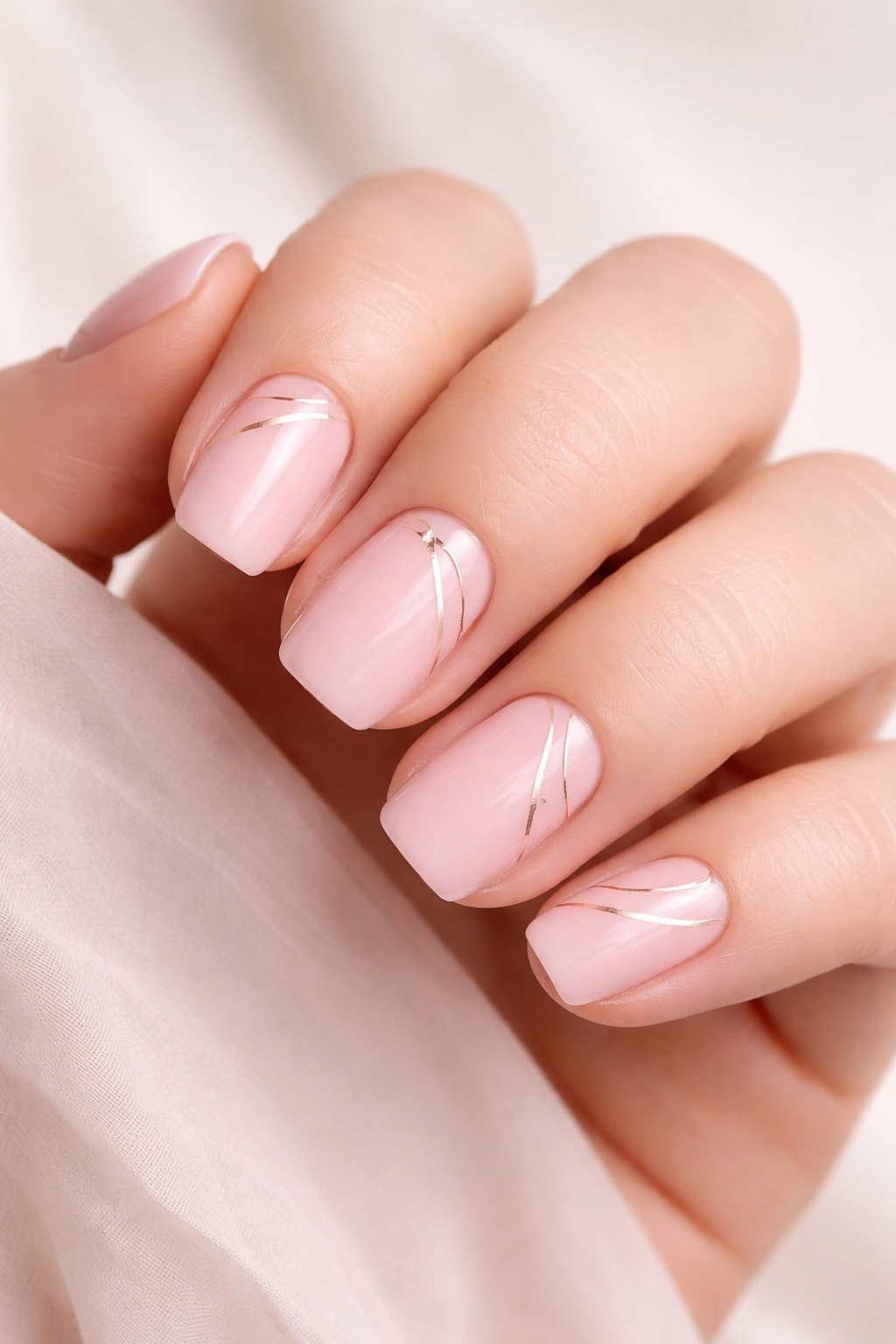 Soft pink nails featuring minimalist fine line art.