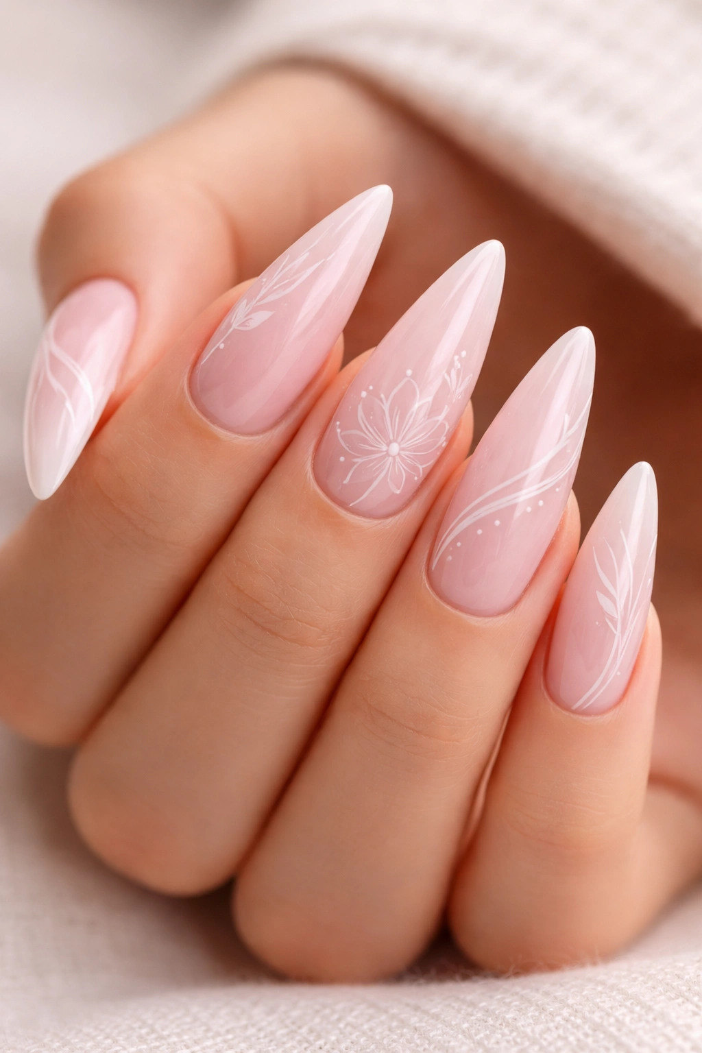 Close-up of soft pink stiletto nails with delicate white line art on a glossy gel finish.
