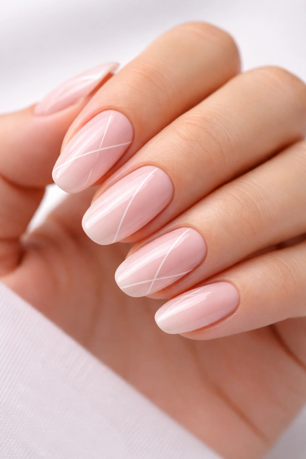 Soft pink nails with delicate white line work